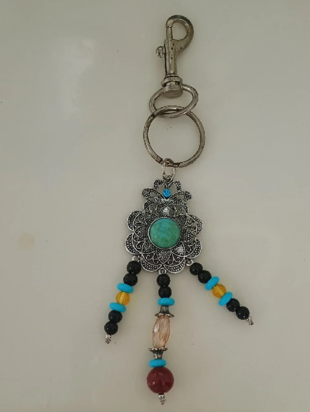 Boho Turquoise & Red Beaded Silver Keychain Charm